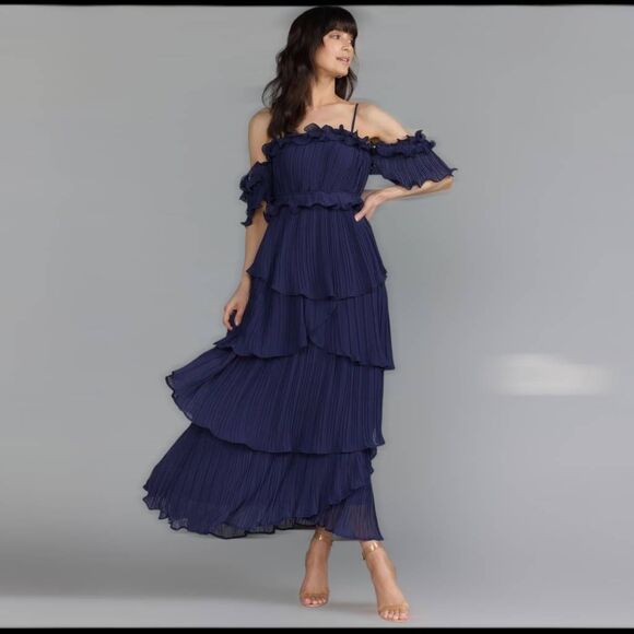 Just Me Womens Maxi Sz M Navy Off-Shoulder Ruffle Tiered Dress Gown Wedding Prom - Picture 1 of 16